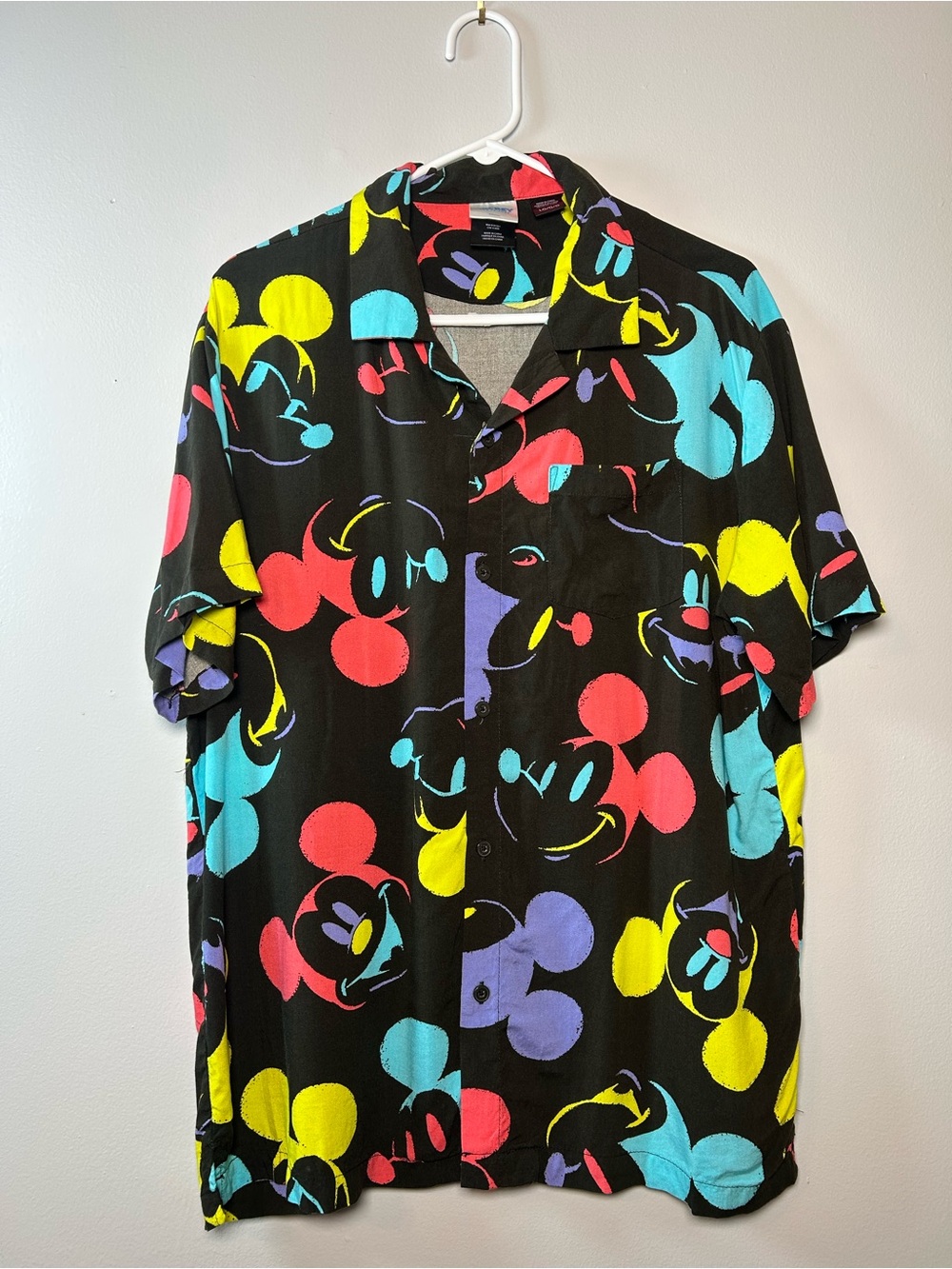Disney Mickey Mouse 90s Neon Graphic Button Down Shirt Mad Engine Black Mens Lg